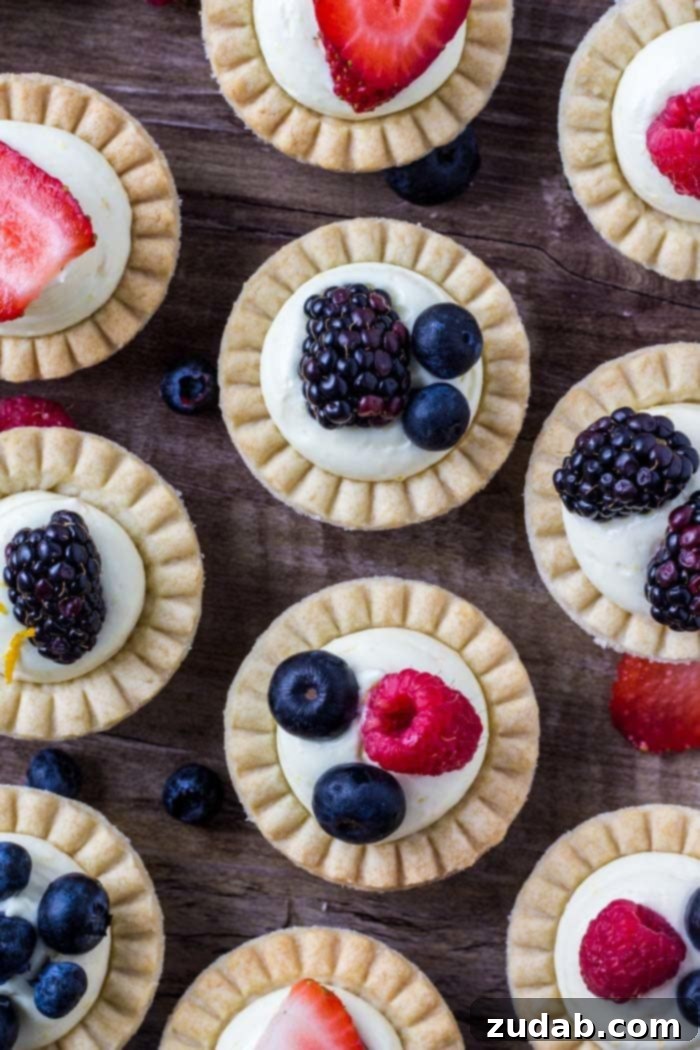 Petite Fruit Tartlets 3 Overhead shot of mini fruit tarts made with creamy vanilla filling and fresh berries.