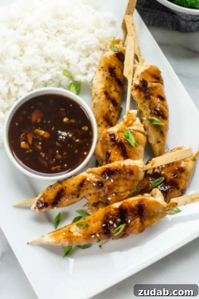 Sticky Honey Garlic Chicken Skewers 4 Plated Asian Chicken Skewers with fresh garnishes