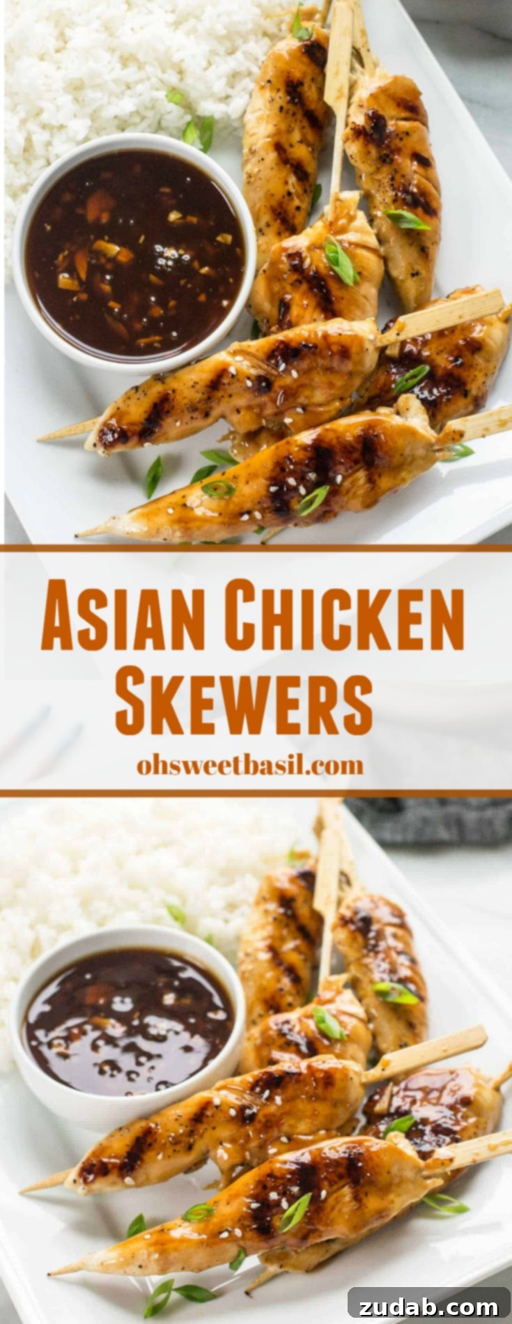 Sticky Honey Garlic Chicken Skewers 7 Plated Asian Chicken Skewers with honey garlic sauce and rice