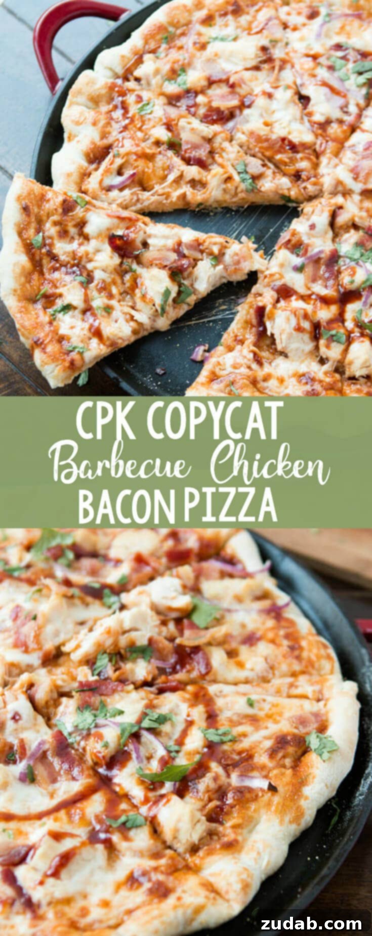 Your New Family Favorite: Homemade CPK BBQ Chicken Bacon Pizza A final close-up of the delicious Copycat California Pizza Kitchen BBQ Chicken Bacon Pizza, showcasing the melted cheese, succulent chicken, crispy bacon, and fresh cilantro, a true family favorite.