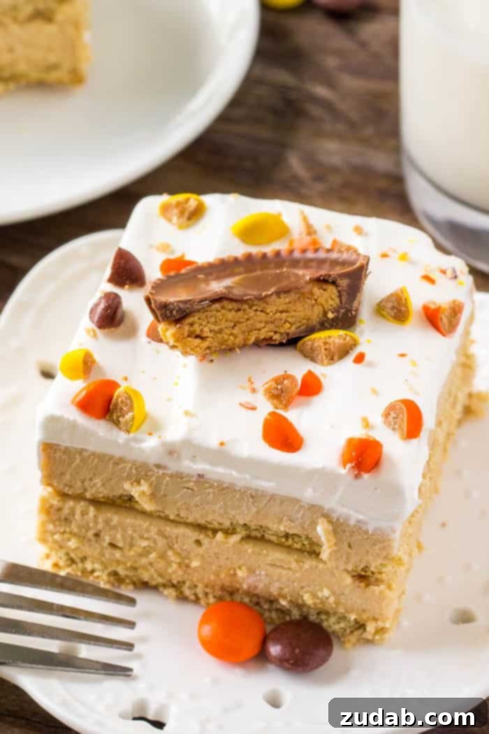 No-Bake Peanut Butter Dream 2 A beautifully sliced peanut butter icebox cake showing creamy layers and topped with colorful peanut butter candies, perfect for summer.