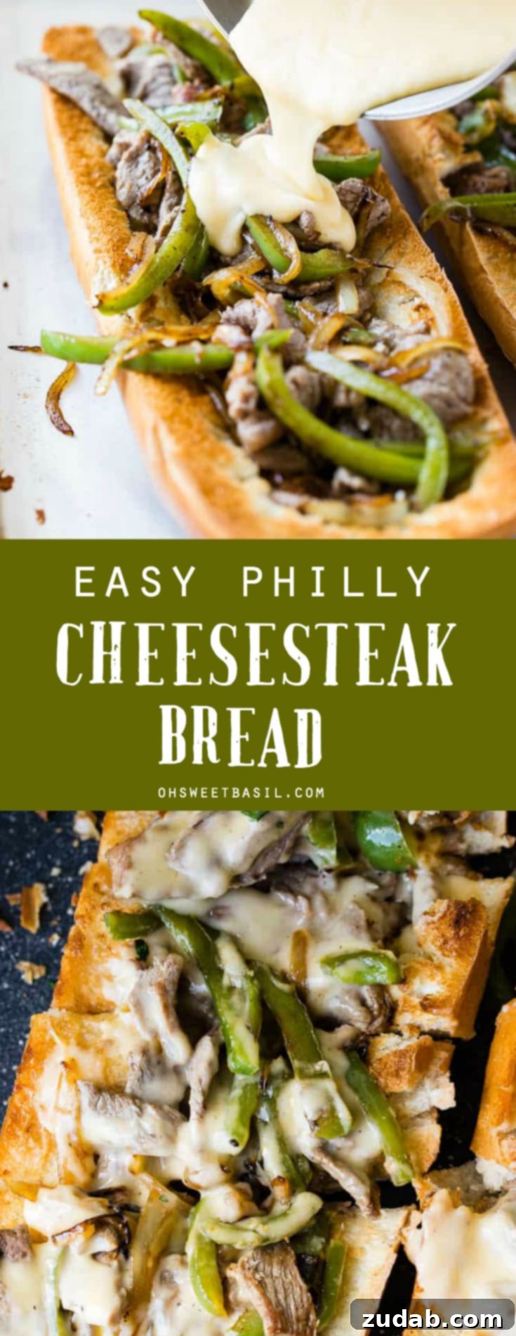 Philly Cheesesteak Pull Apart Bread 6 A delicious French bread loaf, sliced into individual portions, filled with sautéed peppers, onions, steak, and a generous layer of melted cheese sauce. The golden-brown crust and bubbling cheese highlight an easy and mouthwatering Philly Cheesesteak Bread recipe, perfect for sharing.