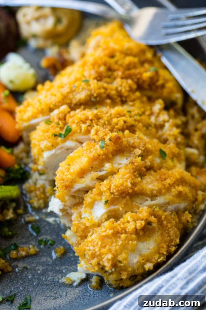 Crispy Ranch Cornflake Chicken 6 A grey plate with golden-baked, sliced Cornflake Ranch Chicken, surrounded by colorful steamed vegetables.
