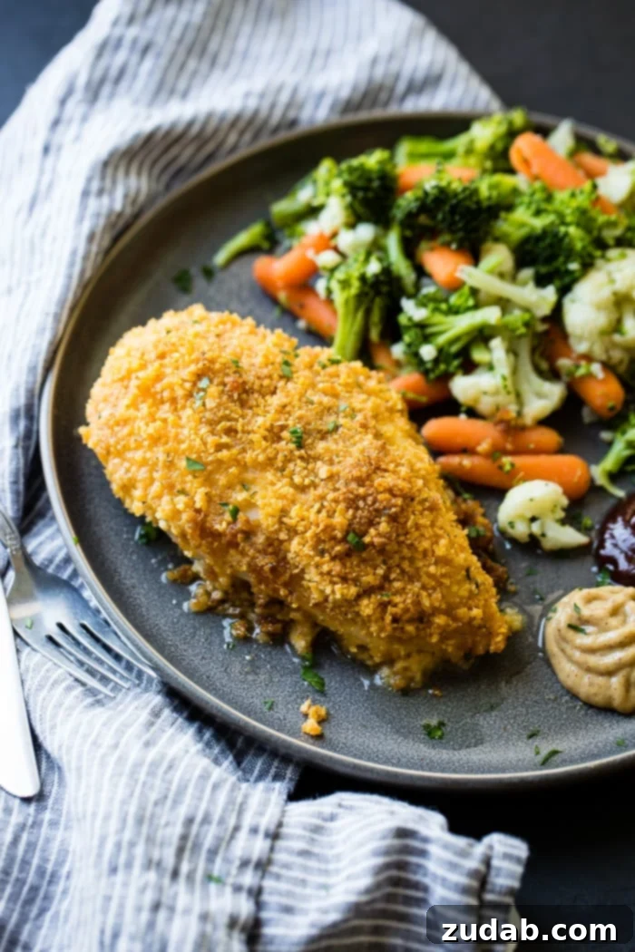 Crispy Ranch Cornflake Chicken 7 A vibrant grey plate filled with golden, baked Quick and Easy Cornflake Ranch Chicken, sliced, alongside steamed mixed vegetables.