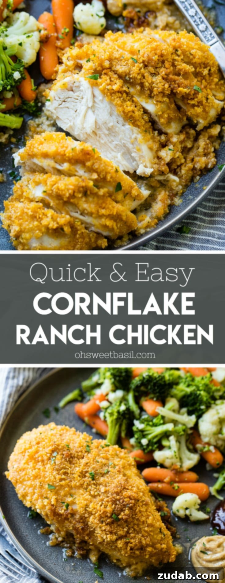 Crispy Ranch Cornflake Chicken 9 A beautifully arranged grey plate showcasing golden, baked Quick and Easy Cornflake Ranch Chicken, expertly sliced, served alongside vibrant steamed vegetables.