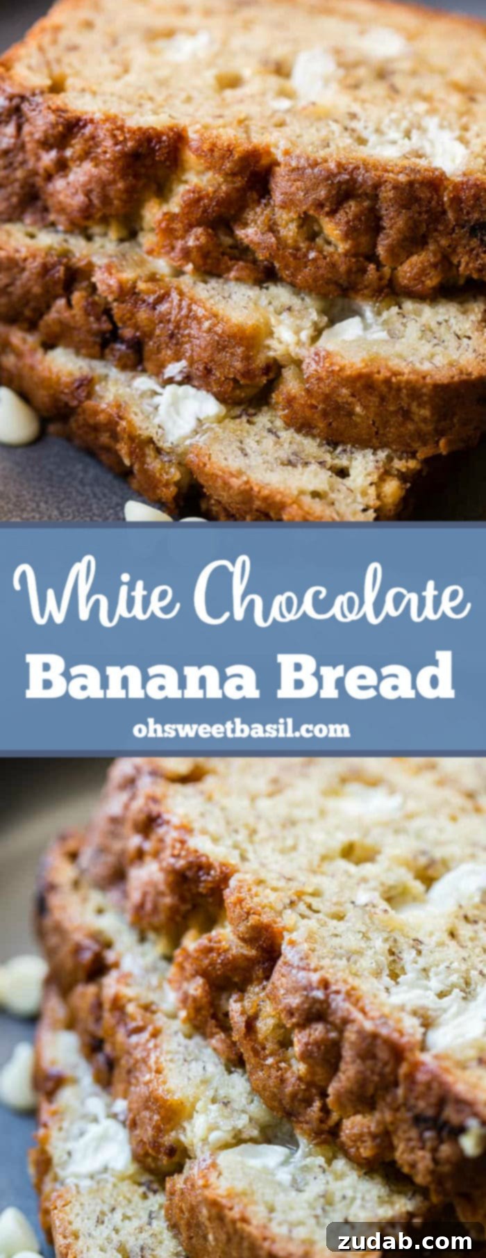 Moist White Chocolate Banana Bread 8 A stack of perfectly sliced white chocolate banana bread.