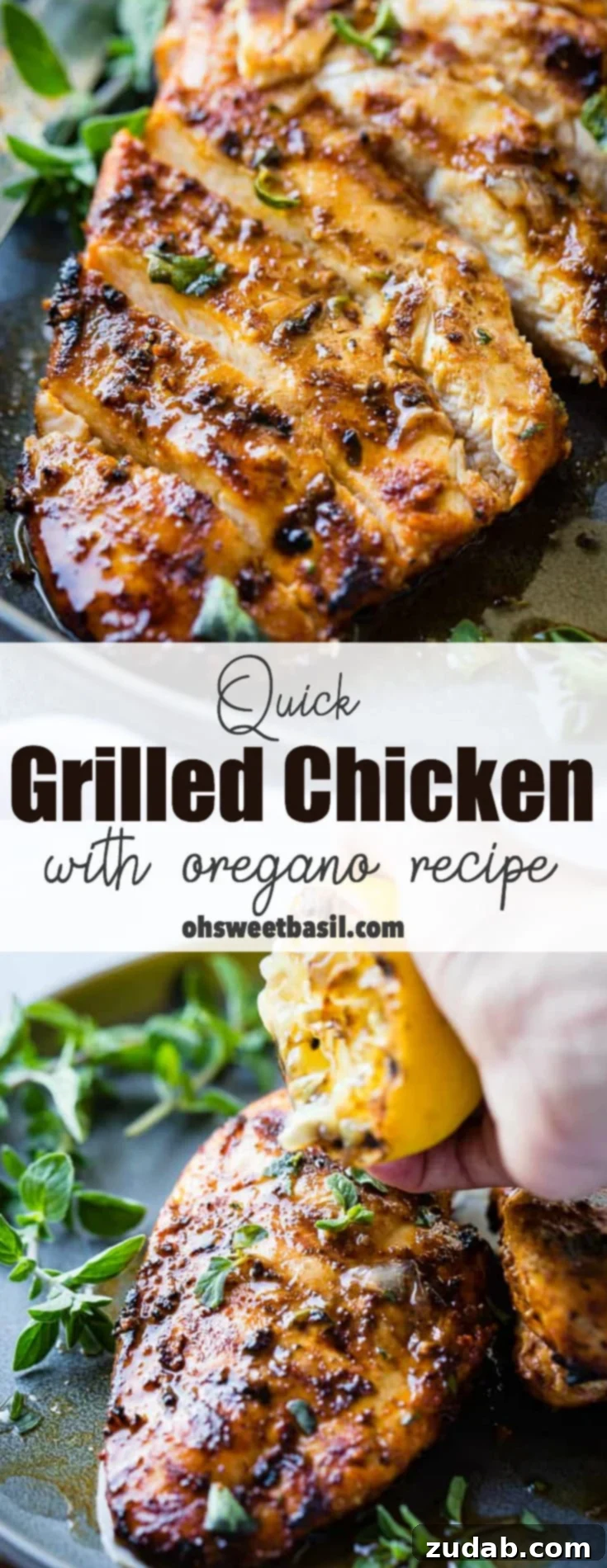 Effortless Oregano Grilled Chicken 9 A grey plate with sliced quick grilled chicken with oregano, fresh oregano sprigs, and grilled lemon halves behind it.