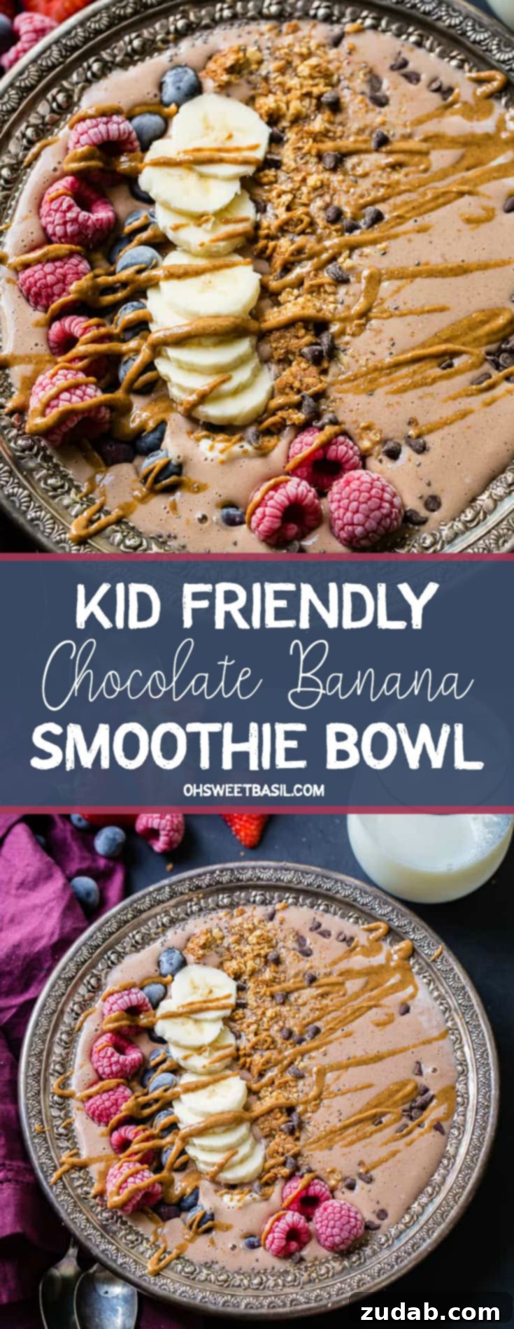 Chocolate Banana Smoothie Bowl Kids Love 12 A beautifully arranged chocolate banana smoothie bowl, garnished with fresh raspberries, banana slices, blueberries, crunchy granola, and delicate chocolate chips, all enhanced by a swirl of creamy peanut butter.