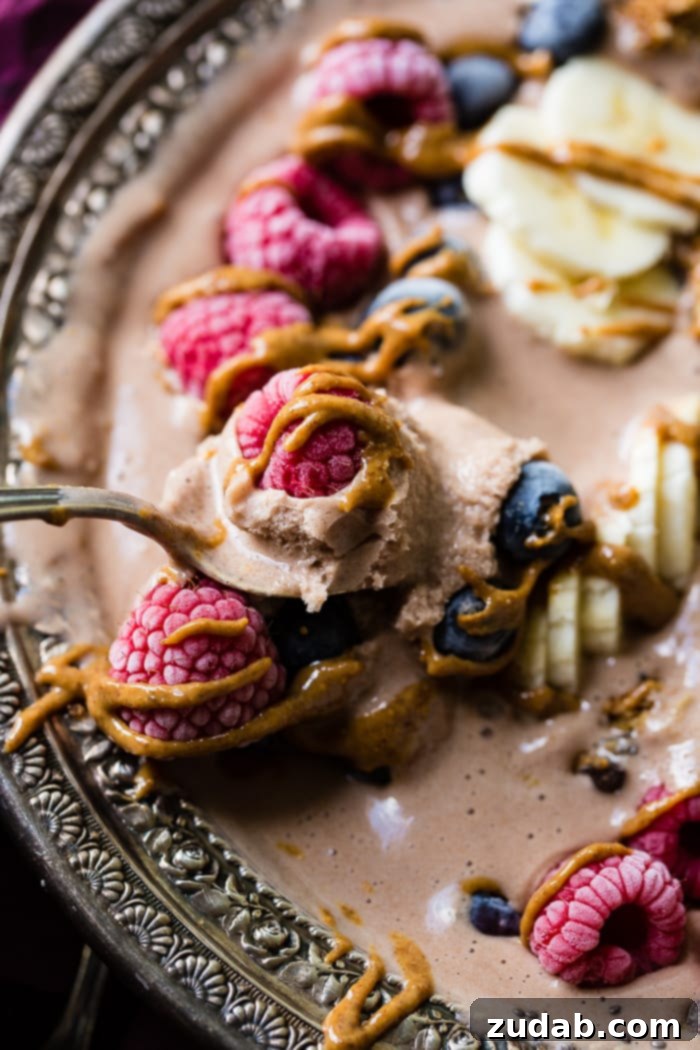 Chocolate Banana Smoothie Bowl Kids Love 7 A rich, dark chocolate smoothie bowl, generously topped with an assortment of fresh raspberries, sliced bananas, plump blueberries, crunchy granola, and decadent chocolate chips, all elegantly drizzled with creamy peanut butter.