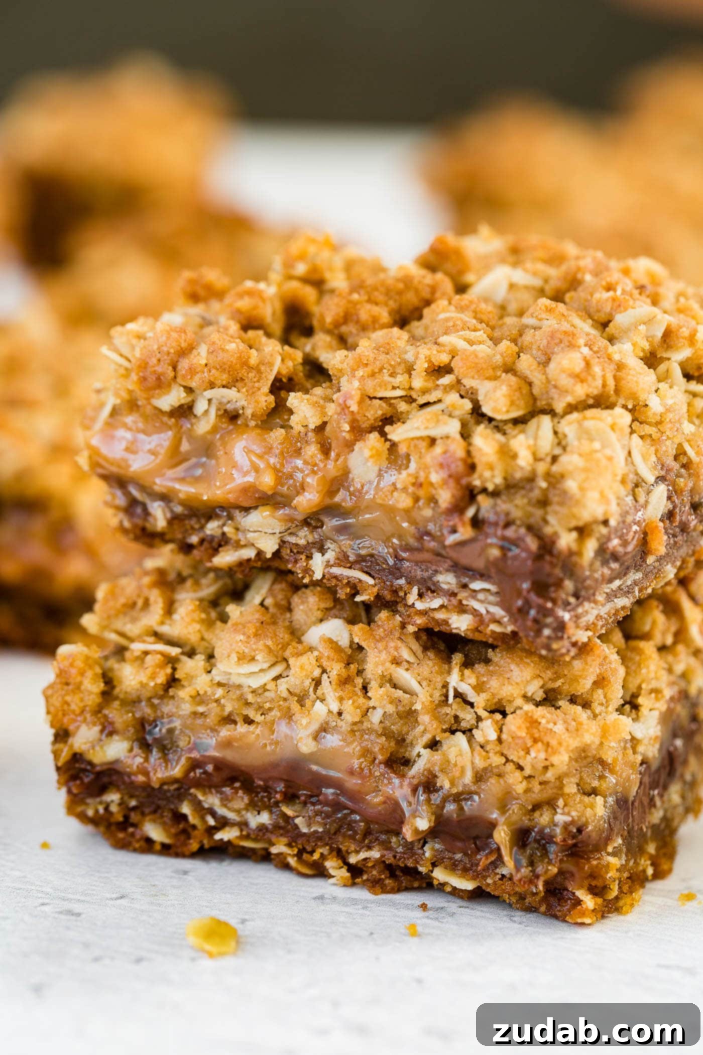 A photo of two oatmeal carmelita bars with gooey caramel and silky chocolate, showcasing their irresistible layers.