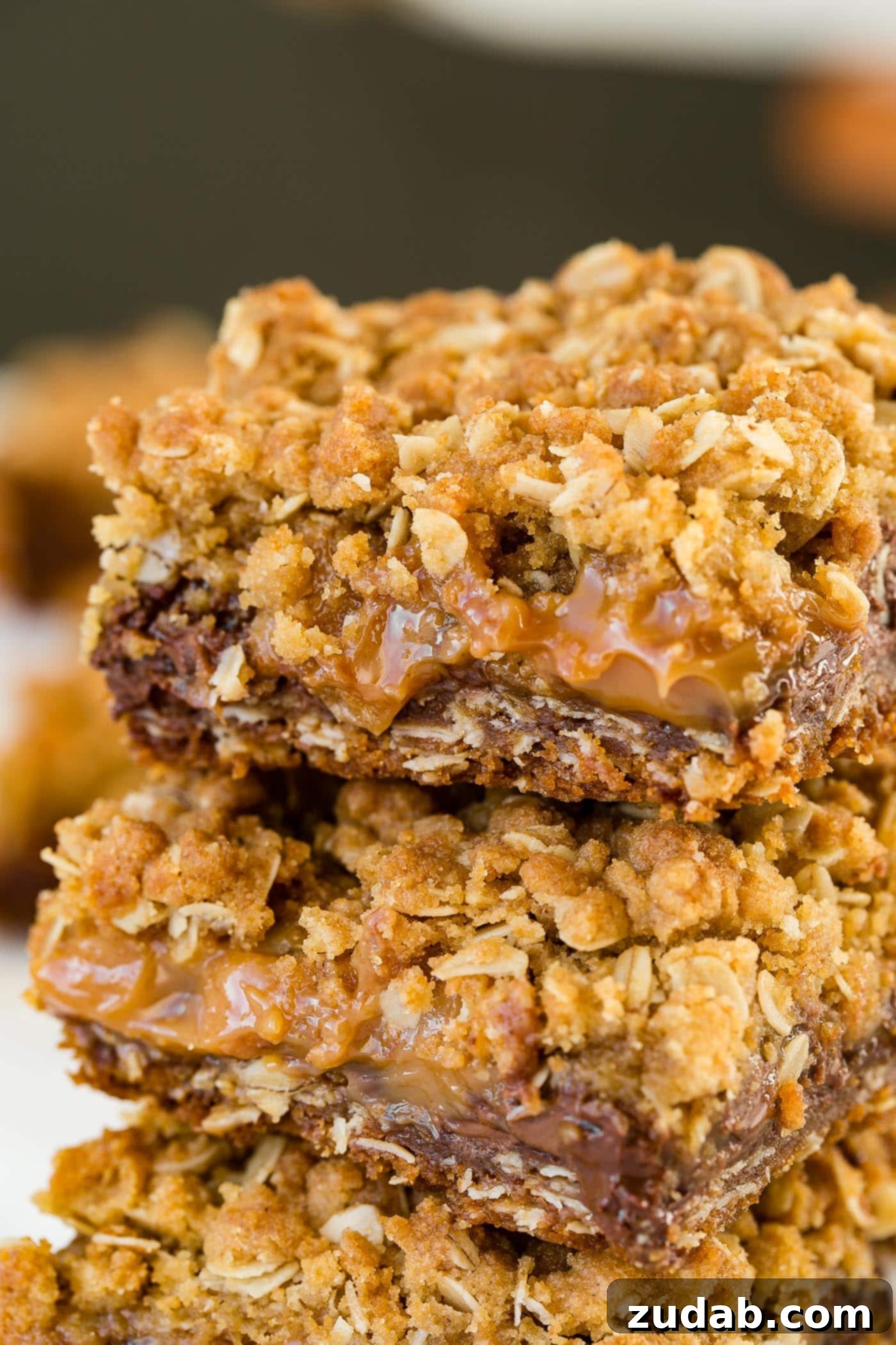 A photo of three oatmeal carmelita bars with gooey caramel and silky chocolate, showcasing their rich textures and layers, served on a white plate with a subtle garnish.