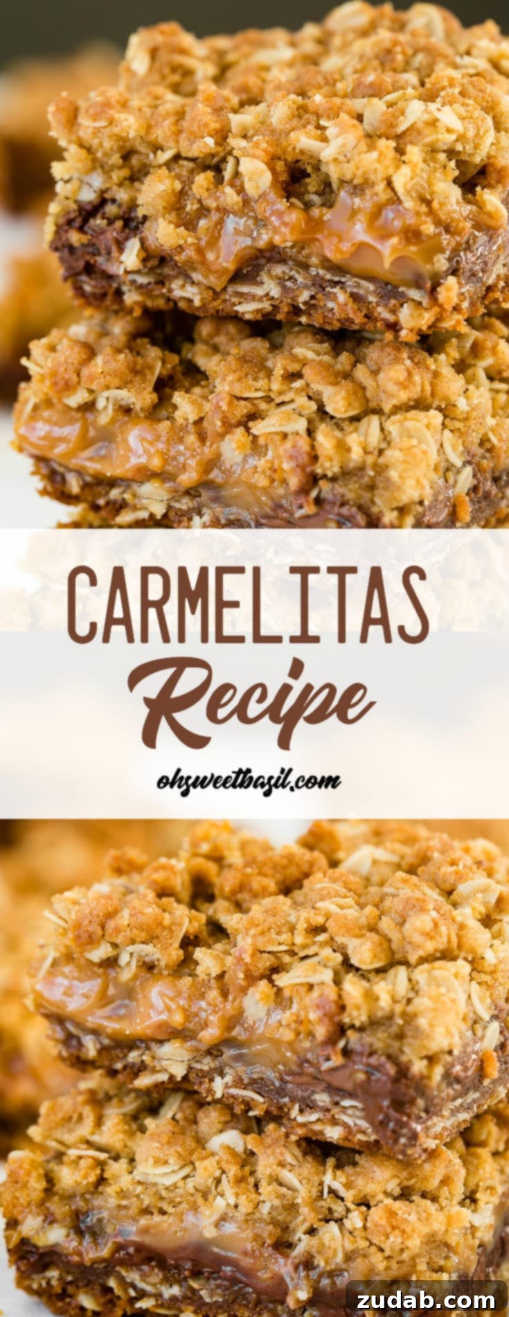 A stack of carmelitas with chocolate, caramel and an oat crumble, ready to be enjoyed as a delightful dessert.