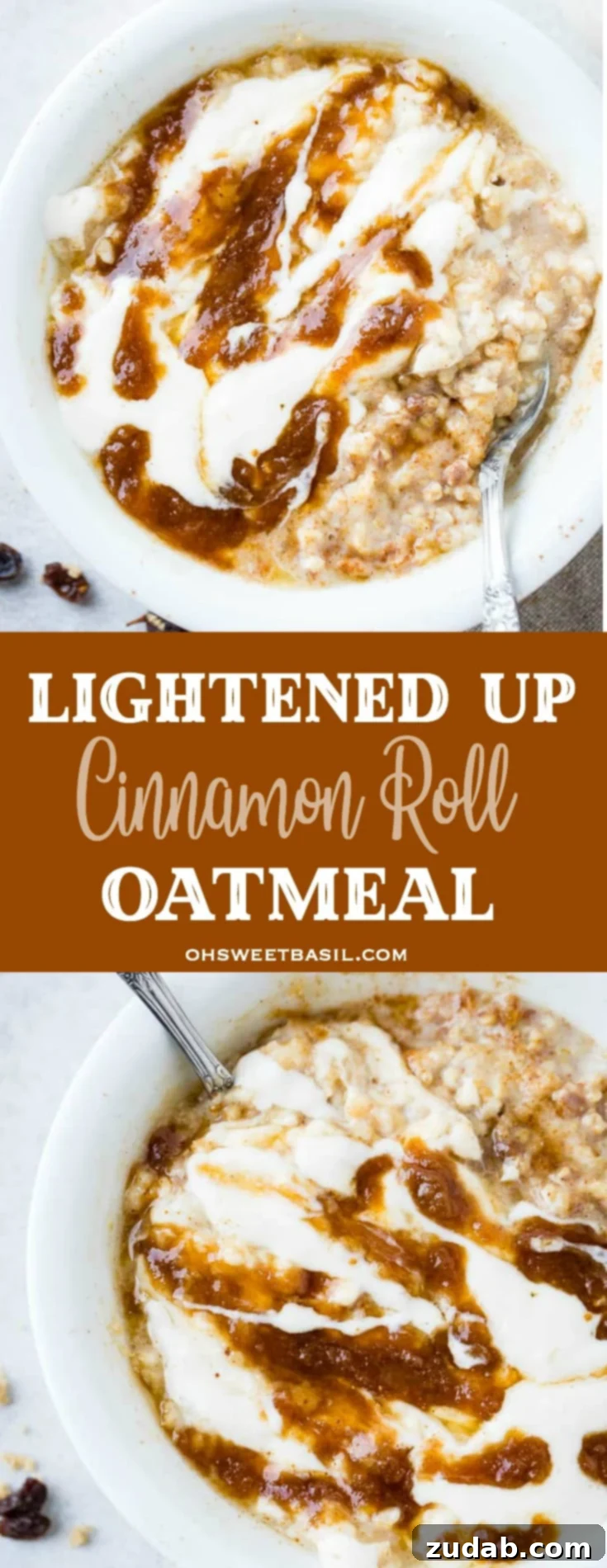 Guilt-Free Cinnamon Swirl Oats 6 A large, inviting bowl of Lightened Up Cinnamon Roll Oatmeal, garnished with a generous drizzle of glaze, cinnamon, and fresh raisins, photographed from a high angle to highlight its delicious layers