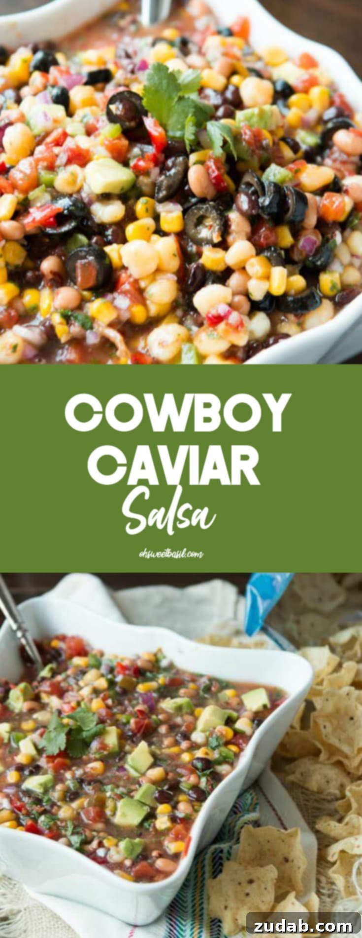 Cowboy Caviar 3 A vibrant bowl of cowboy caviar salsa with a heap of crispy tortilla chips on the side, inviting guests to dig in.