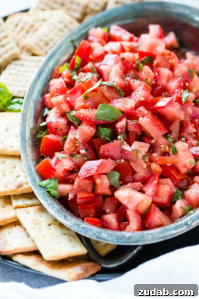 Mediterranean Mezze Skewers 8 Delicious Classic Bruschetta Appetizer, topped with fresh diced tomatoes, basil, and garlic on toasted bread, perfect for summer.