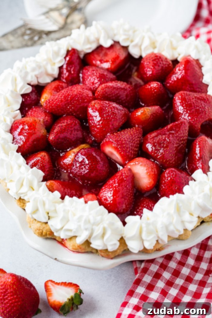 Whole Fresh Strawberry Pie with Whipped Cream a white background with a red and white checkered napkin sitting under a whole fresh strawberry pie with stabilized whipped cream piped around the edges
