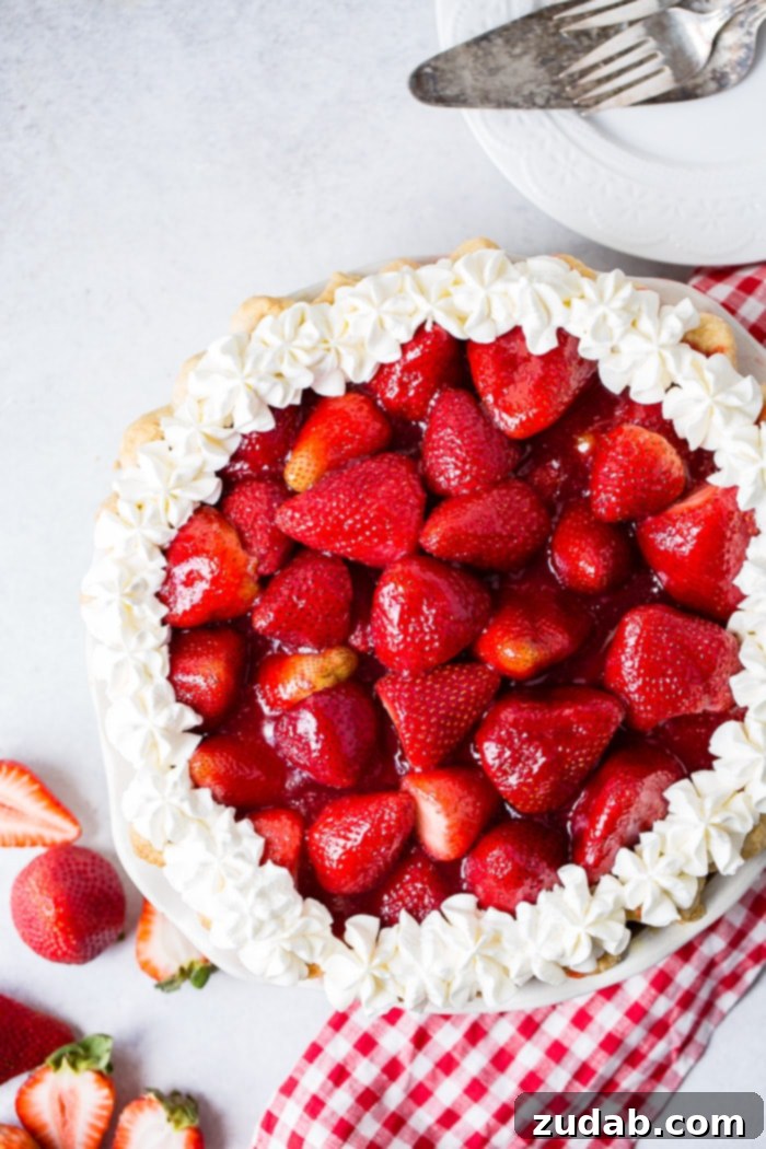 Fresh Strawberry Pie Garnished with Whipped Cream a white background with a red and white checkered napkin sitting under a whole fresh strawberry pie with stabilized whipped cream piped around the edges