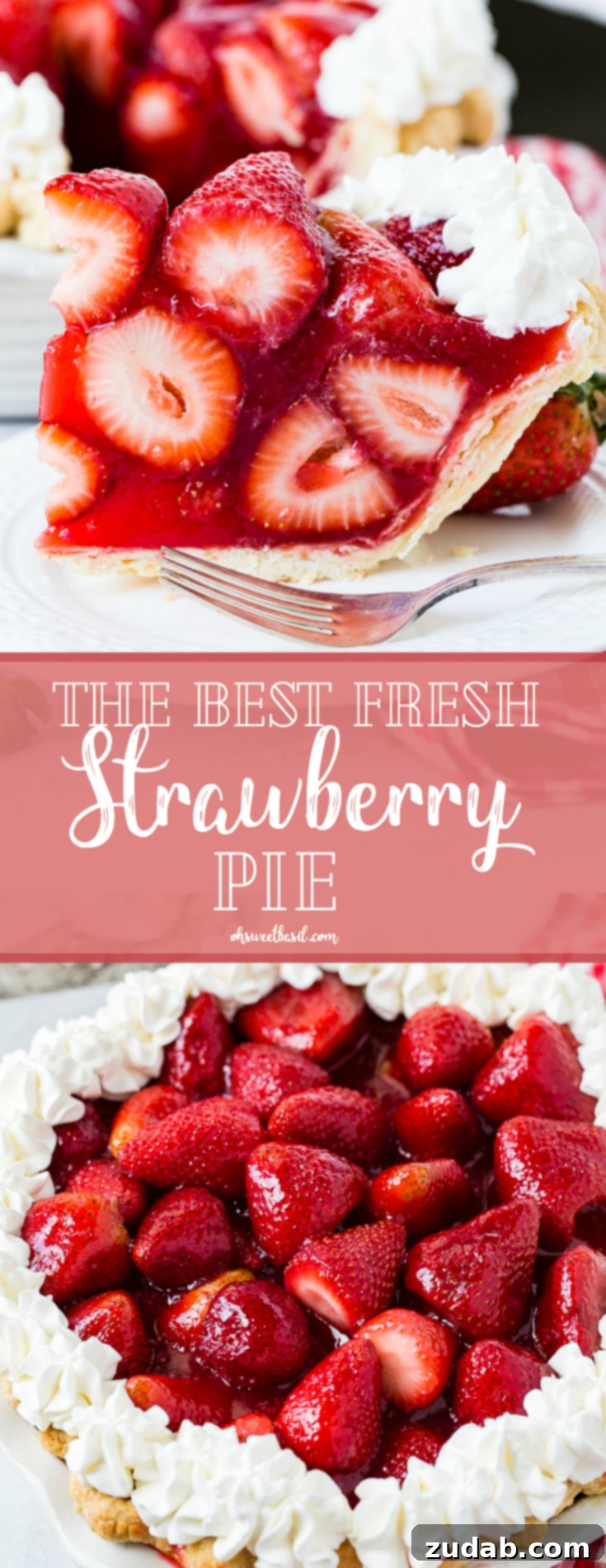 Final Slice of Fresh Strawberry Pie A white plate with a big slice of fresh strawberry pie made with jello and a little stabilized whipped cream with a red and white checkered napkin underneath and the whole pie in the background