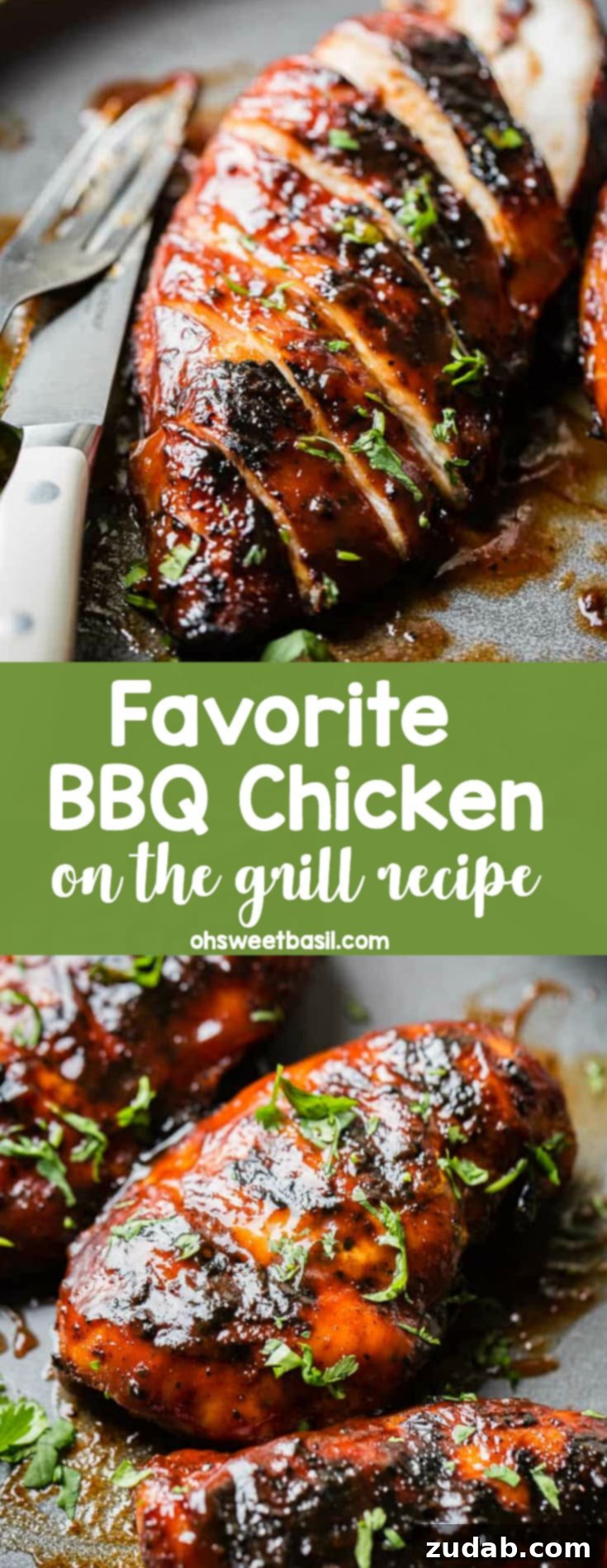 Smoky Grilled BBQ Chicken Bliss 7 A grey plate with a sliced BBQ chicken sprinkled with parsley. This is our favorite BBQ Chicken Recipe.