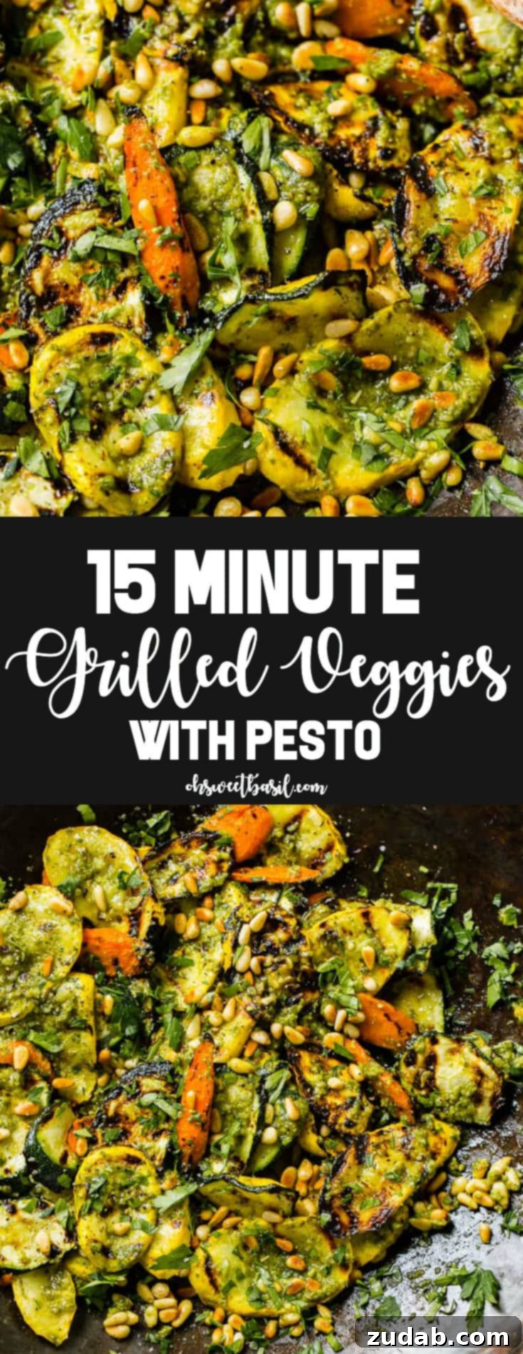 Easy 15-Minute Pesto Grilled Veggies 7 A close up of grilled veggies with pesto, parsley and toasted pine nuts including zucchini, yellow squash and carrots for a 15 minute grilled veggies with pesto recipe