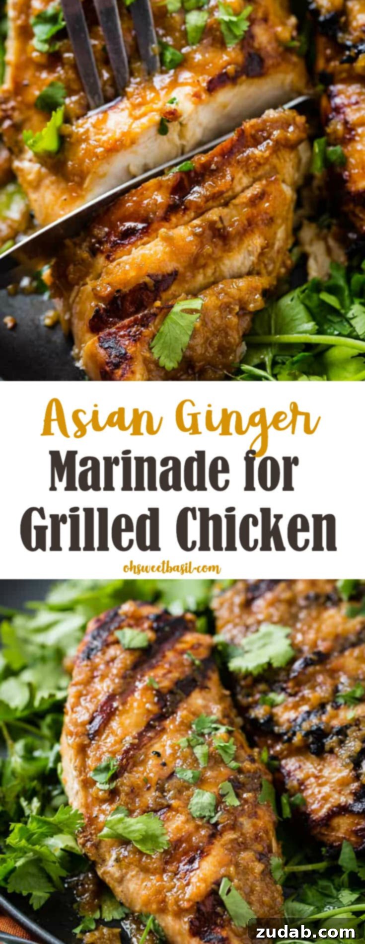 Aromatic Asian Ginger Marinade for Perfect Grilled Chicken 9 A close up of Asian Ginger Marinade for grilled chicken being sliced with a fork and a knife