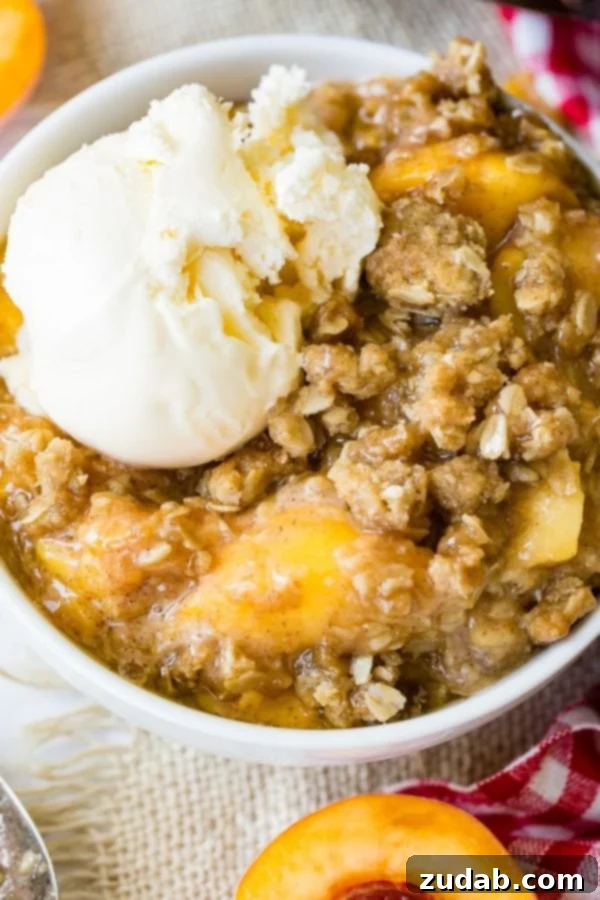 Peach Crisp A photo of a bowl of peach crisp with a scoop of vanilla ice cream on top.