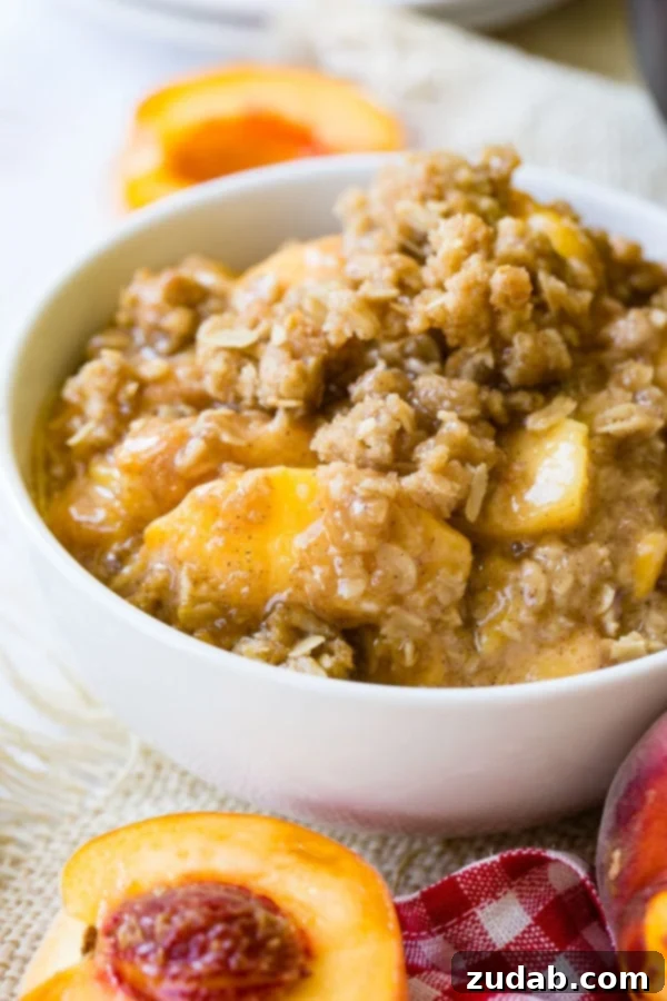 Peach Crisp A photo of a bowl of peach crisp with golden oatmeal topping.
