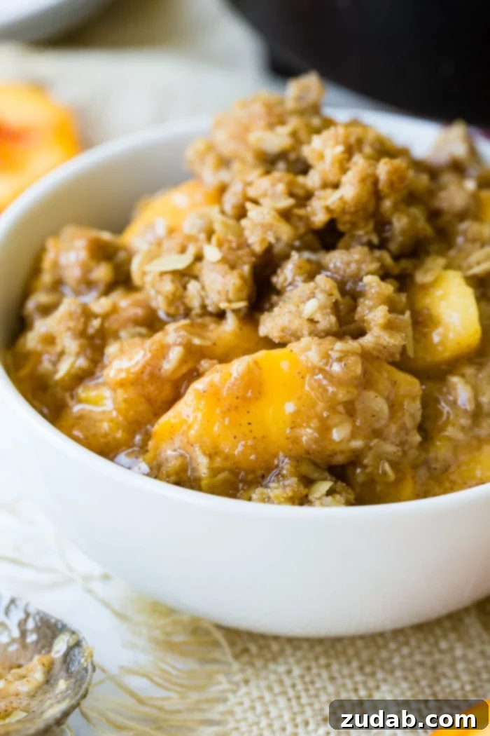 The Ultimate Peach Crisp 2 A photo of a bowl of peach crisp with golden oatmeal topping.