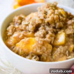 The Ultimate Peach Crisp 3 A bowl of peach crisp with a perfect golden topping