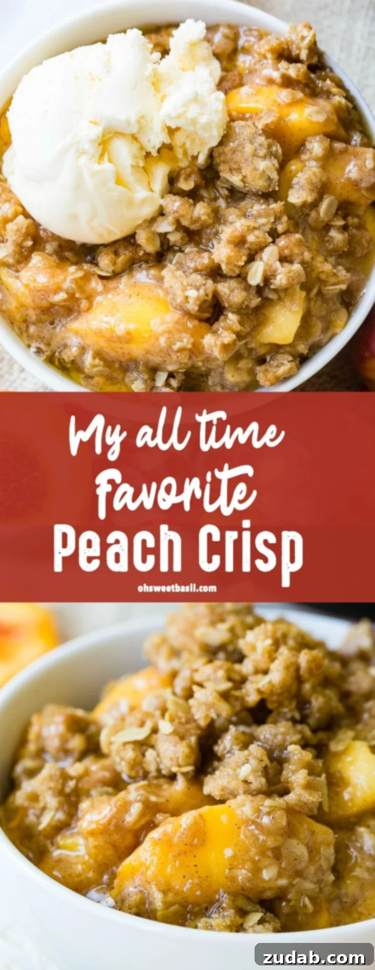 The Ultimate Peach Crisp 4 A photo of a bowl of peach crisp with a scoop of vanilla ice cream on top.