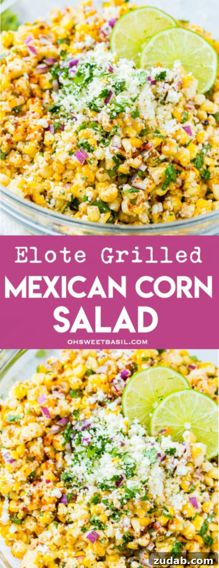 Grilled Elote Corn Salad 7 A bowl filled with the vibrant ingredients of Elote Grilled Mexican Corn Salad: perfectly grilled corn kernels, crisp red onions, fresh green cilantro, creamy Mexican crema, crumbled cotija cheese, and a refreshing drizzle of lime juice, ready for serving.