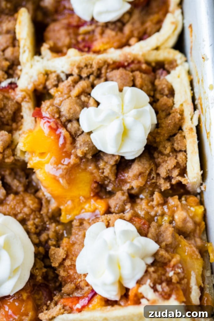 A pan filled with freshly baked, golden-brown sugar peach pie bars, showcasing their delicious crumble topping and inviting texture.