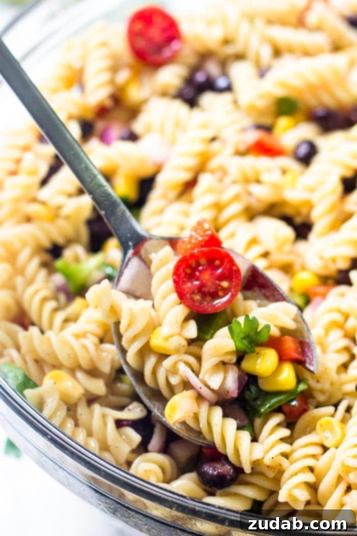 Fiesta Southwest Pasta Salad 5 Each spoonful of Southwest Pasta Salad is loaded with colorful and flavorful ingredients: ripe tomatoes, black beans, sweet corn, crisp peppers, and fresh cilantro.
