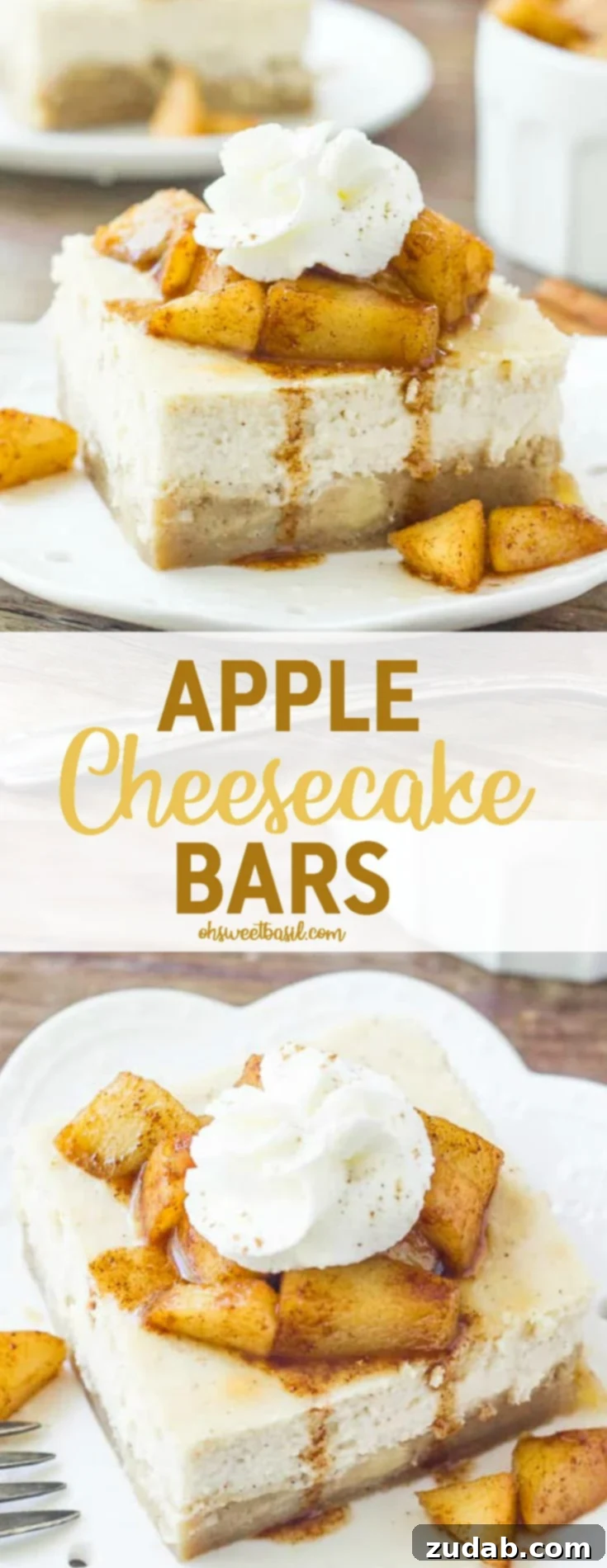 Autumn Apple Cheesecake Squares 7 A slice of apple cheesecake bars topped with cinnamon sugar apples and whipped cream