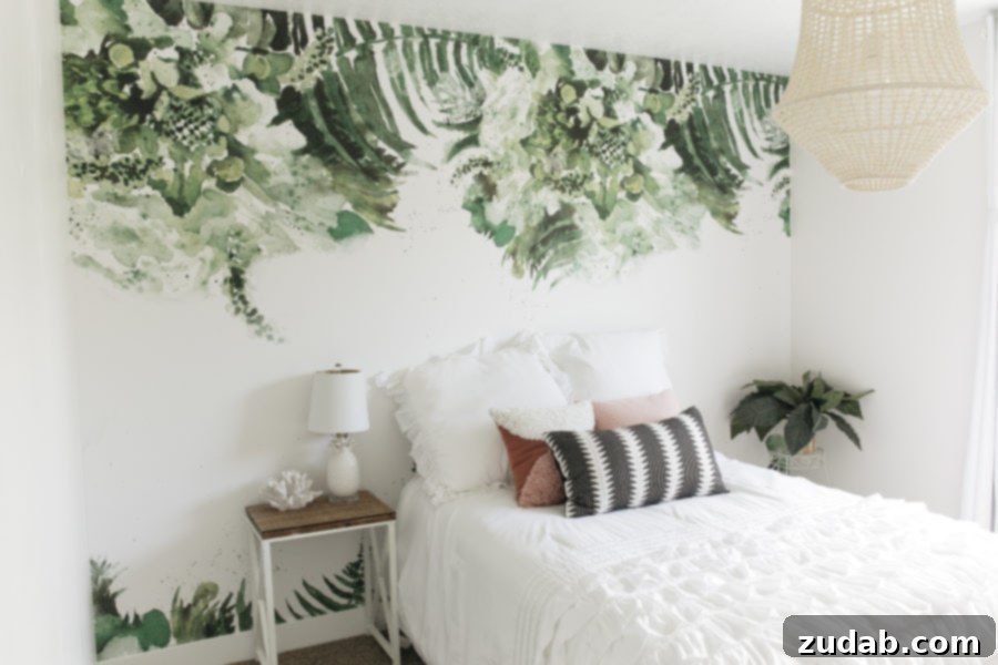 Pre-Teen Style Sanctuary 5 Full view of the beach-themed tween bedroom, showcasing the large-scale modern palm removable wallpaper that looks like a hand-painted mural.