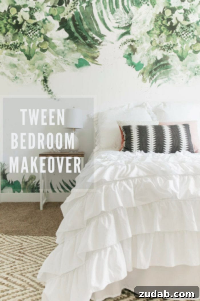 Pre-Teen Style Sanctuary 10 Tween bedroom makeover in a beach theme, featuring modern palm removable wallpaper, white bedding, and thoughtful decor. This room is a perfect example of a serene and stylish coastal retreat for a pre-teen. Keywords: Tween Bedroom Makeover, Beach Theme Bedroom, Removable Wallpaper Bedroom, Teen Room Decor, Coastal Bedroom Ideas, DIY room decor.