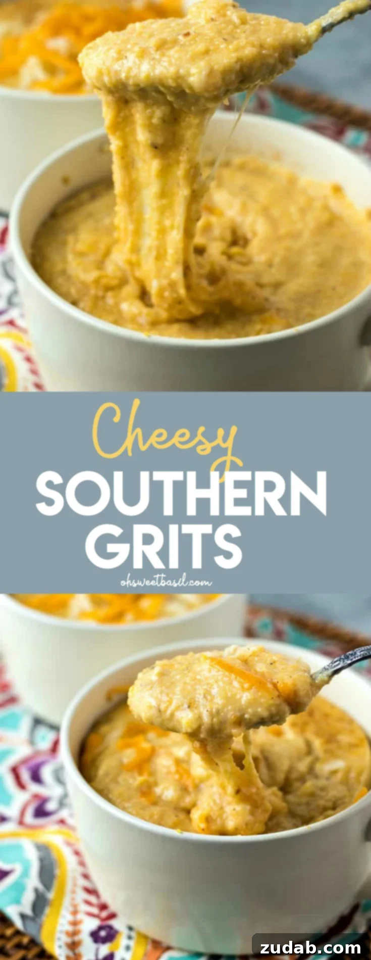Down Home Cheesy Grits 8 A large bowl of creamy cheesy grits, showcasing its rich texture, garnished with fresh herbs and a spoon for serving.