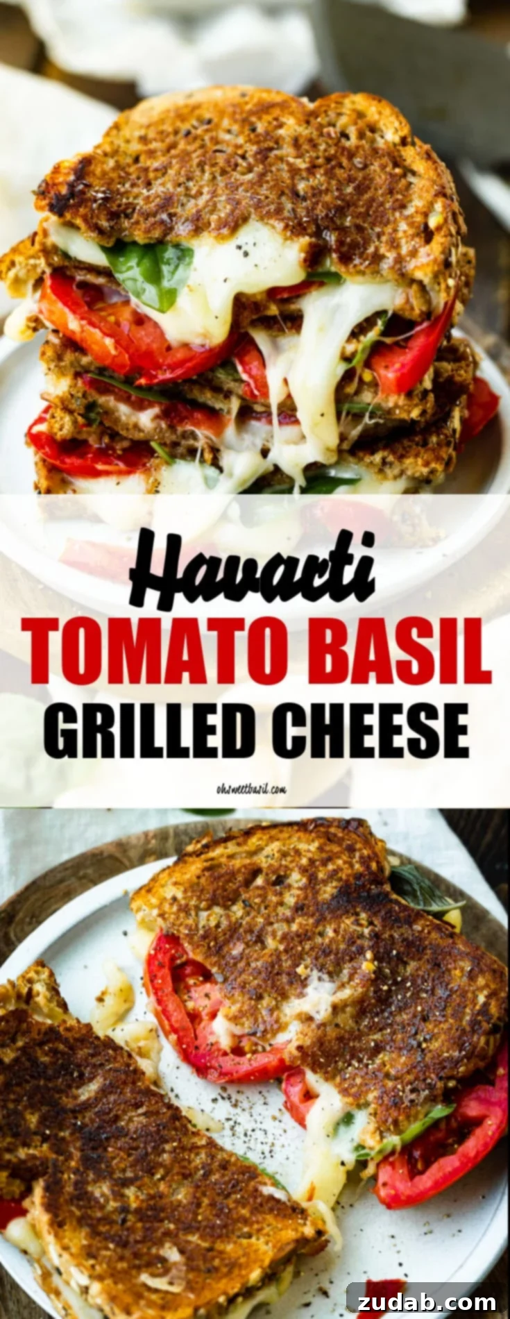 Gourmet Havarti Tomato Basil Grilled Cheese 6 A stunning shot of a stack of golden-brown Havarti tomato basil grilled cheese sandwiches, showcasing the irresistible melted cheese and fresh fillings.
