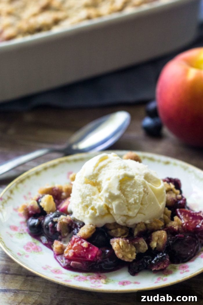 Blueberry Peach Delight 5 A serving of warm blueberry peach crumble, artfully topped with a generous scoop of vanilla ice cream, ready to be enjoyed.