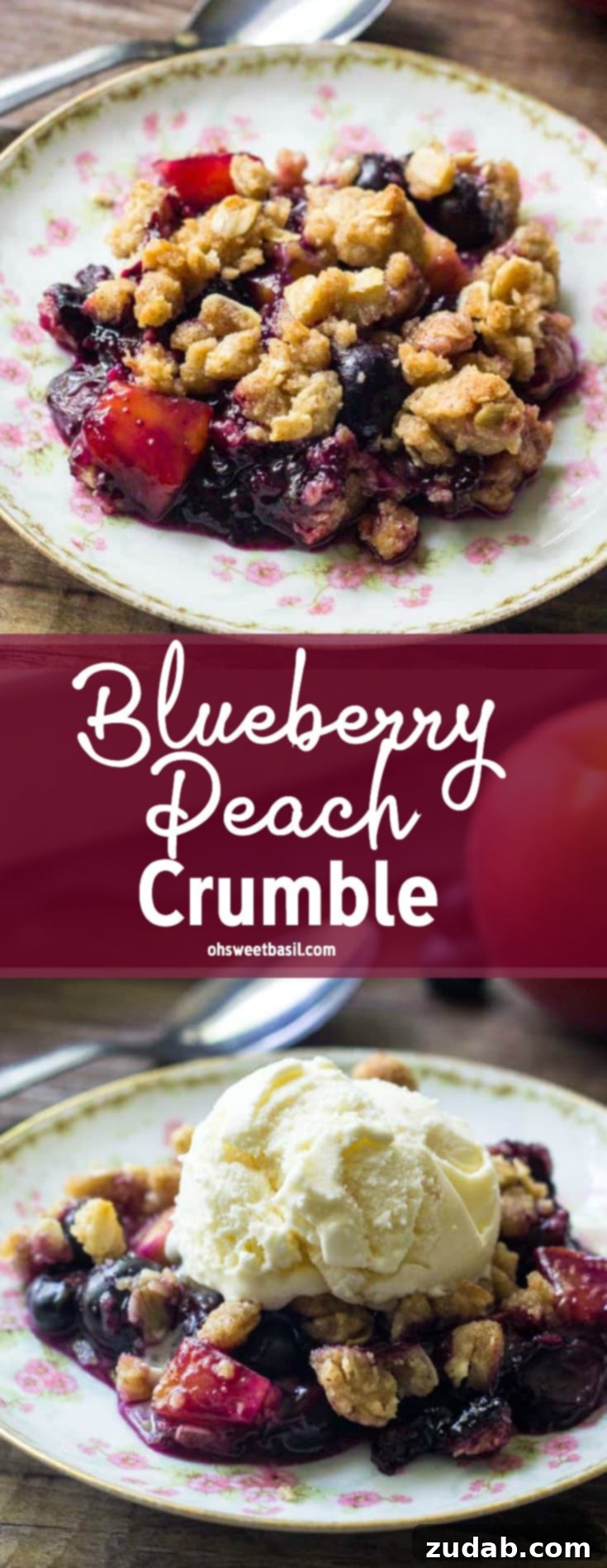 Blueberry Peach Delight 7 A beautifully presented plate of warm blueberry peach crumble, featuring plump, juicy berries and soft peaches underneath a perfectly browned, crunchy oatmeal topping. Ideal for a summer dessert.