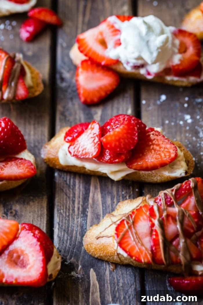 Brown Sugar Kissed Strawberry Crostini 2 A brown board with brown sugar strawberry crostinis and a chocolate drizzle