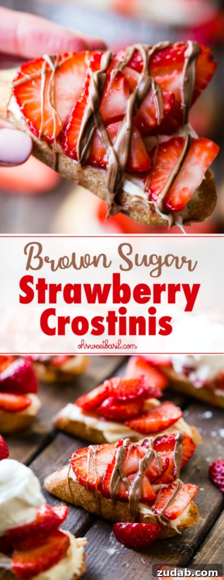 Brown Sugar Kissed Strawberry Crostini 8 A brown board with brown sugar strawberry crostinis and a chocolate drizzle