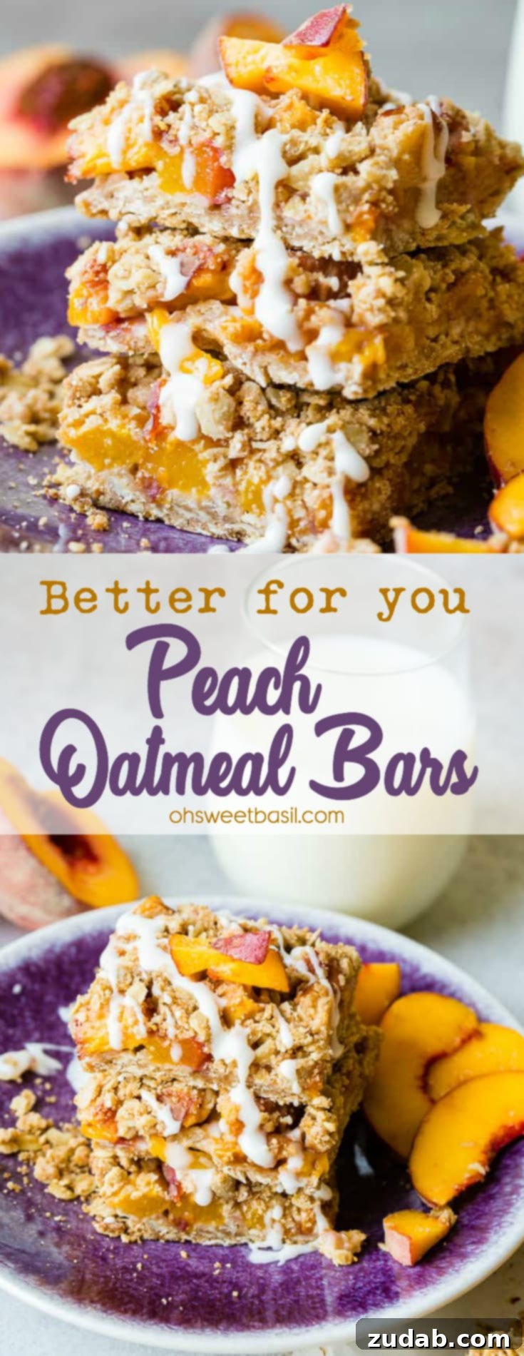 A dark purple plate with a stack of healthy peach oatmeal bars with a little glaze on top with a glass of milk behind it, perfect for a healthy family snack