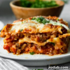 My Go-To Lasagna Masterpiece 14 A photo of a serving of layered hearty meat lasagna on a white plate topped with melted cheese and chopped parsley