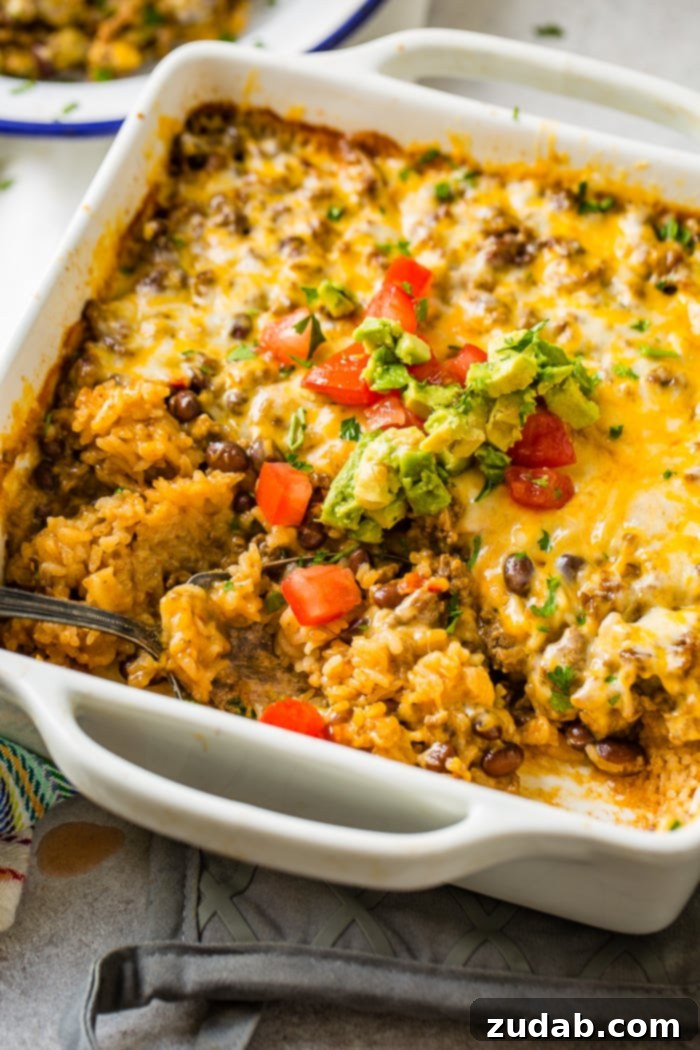 Zesty Beef and Rice Cheese Bake 5 A freshly baked white casserole dish brimming with a cheesy Mexican ground beef and rice casserole, steaming hot and ready to serve.