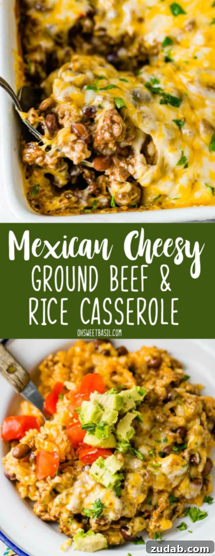 Zesty Beef and Rice Cheese Bake 8 A large spoon scooping a portion of Cheesy Mexican Ground Beef and Rice Casserole from a white baking dish, showing the rich, melted cheese and hearty ingredients.