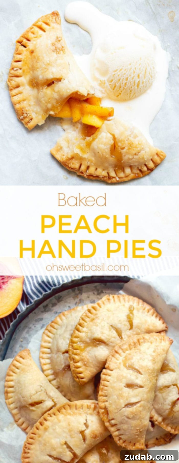 Rustic Peach Pockets 3 A Baked Peach Hand Pie with an open crust and peaches oozing out and a scoop of vanilla ice cream on the side.
