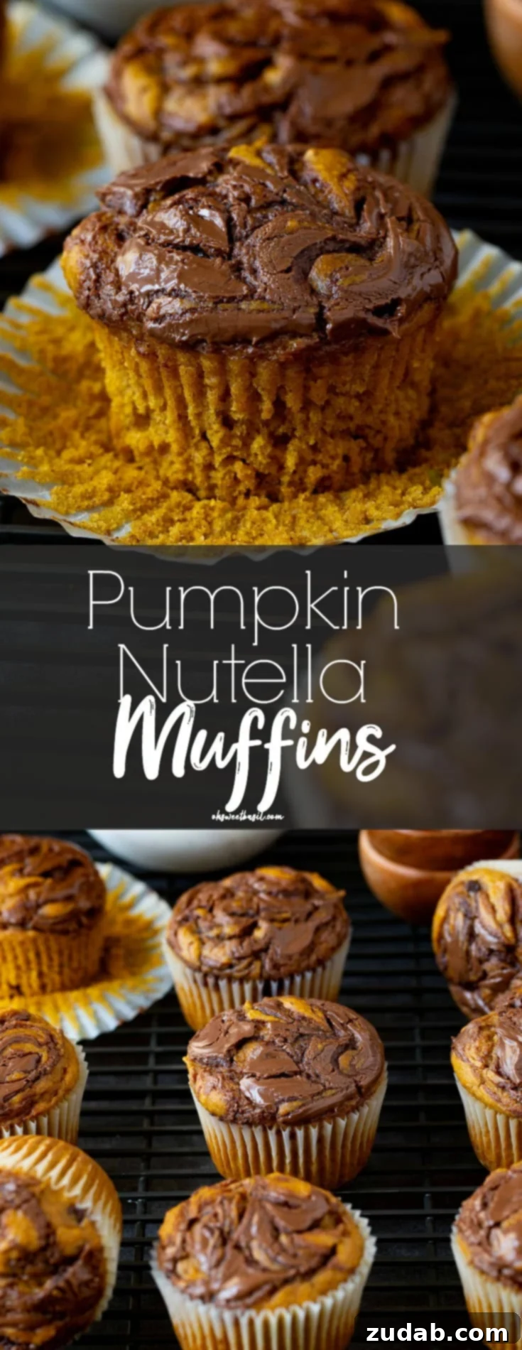 Marbled Nutella Pumpkin Muffins 2 A top view of a Nutella swirled pumpkin muffin. Nutella is swirled through the muffin before it is baked. Other muffins are in the background.
