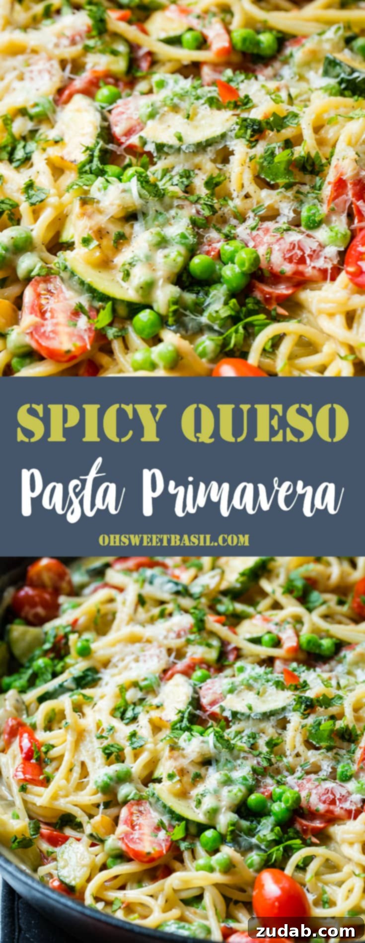 Kicking Queso Spring Pasta 8 A high-angle shot of the Spicy Queso Pasta Primavera in a large skillet, showing a generous portion ready to be served, highlighting its rich, cheesy sauce and colorful vegetables.