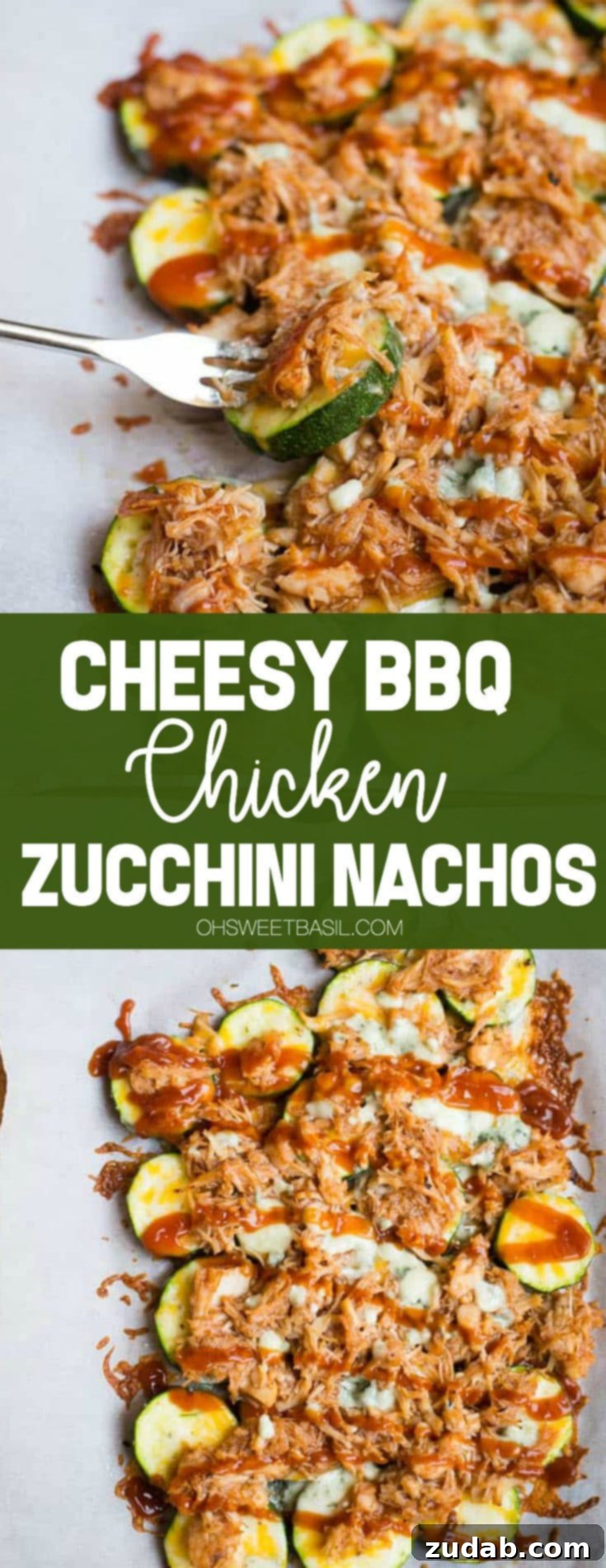 Cheesy BBQ Chicken Zucchini Nachos 2 A sheet pan of delicious BBQ Chicken Zucchini Nachos with blue cheese crumbles, showcasing a healthy snack or easy dinner idea.